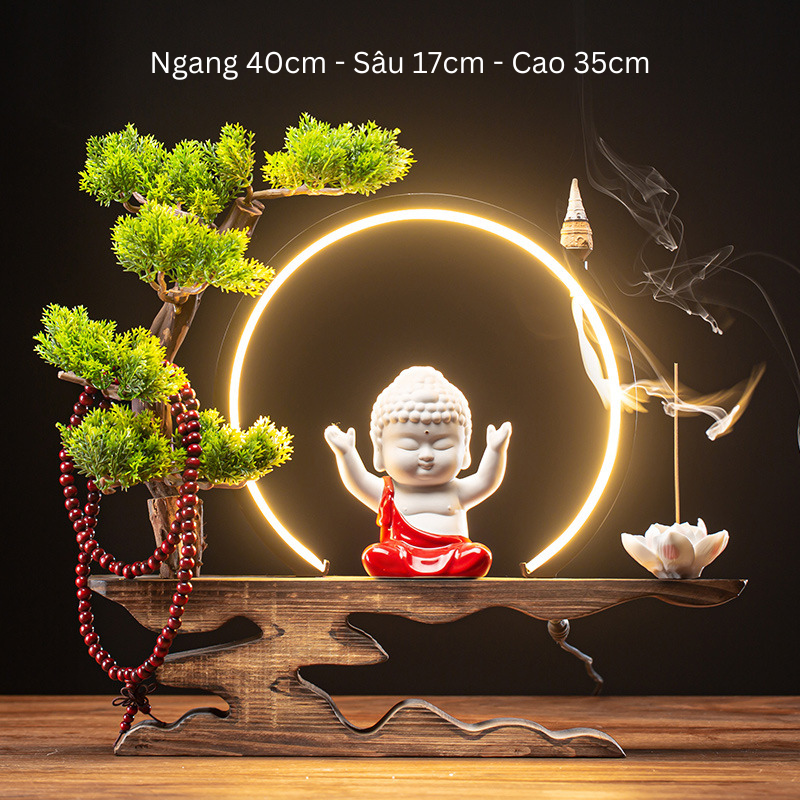  Bộ tượng Phật A Di Đà, khung đèn LED, cây thông và đế gỗ decor 