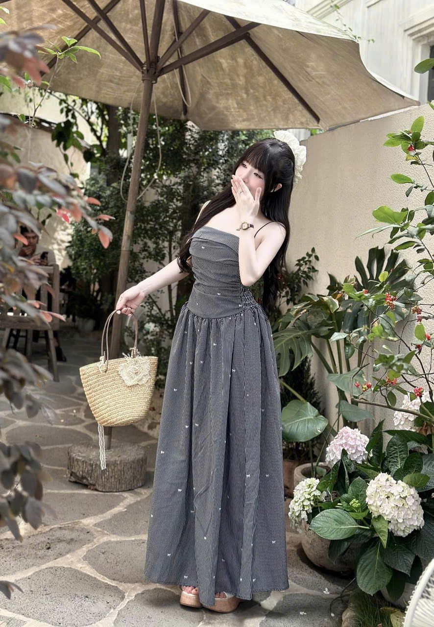 Đầm maxi hai dây cúp ngực nhún sọc nơ nhí siêu xinh - ĐEN - V502