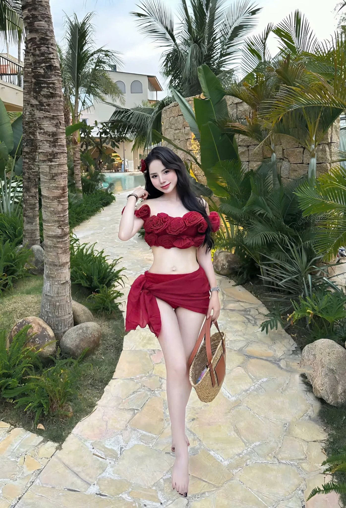 Set bikini 3 món áo trễ vai kết bông phối quần kèm choàng - ĐỎ - Z239
