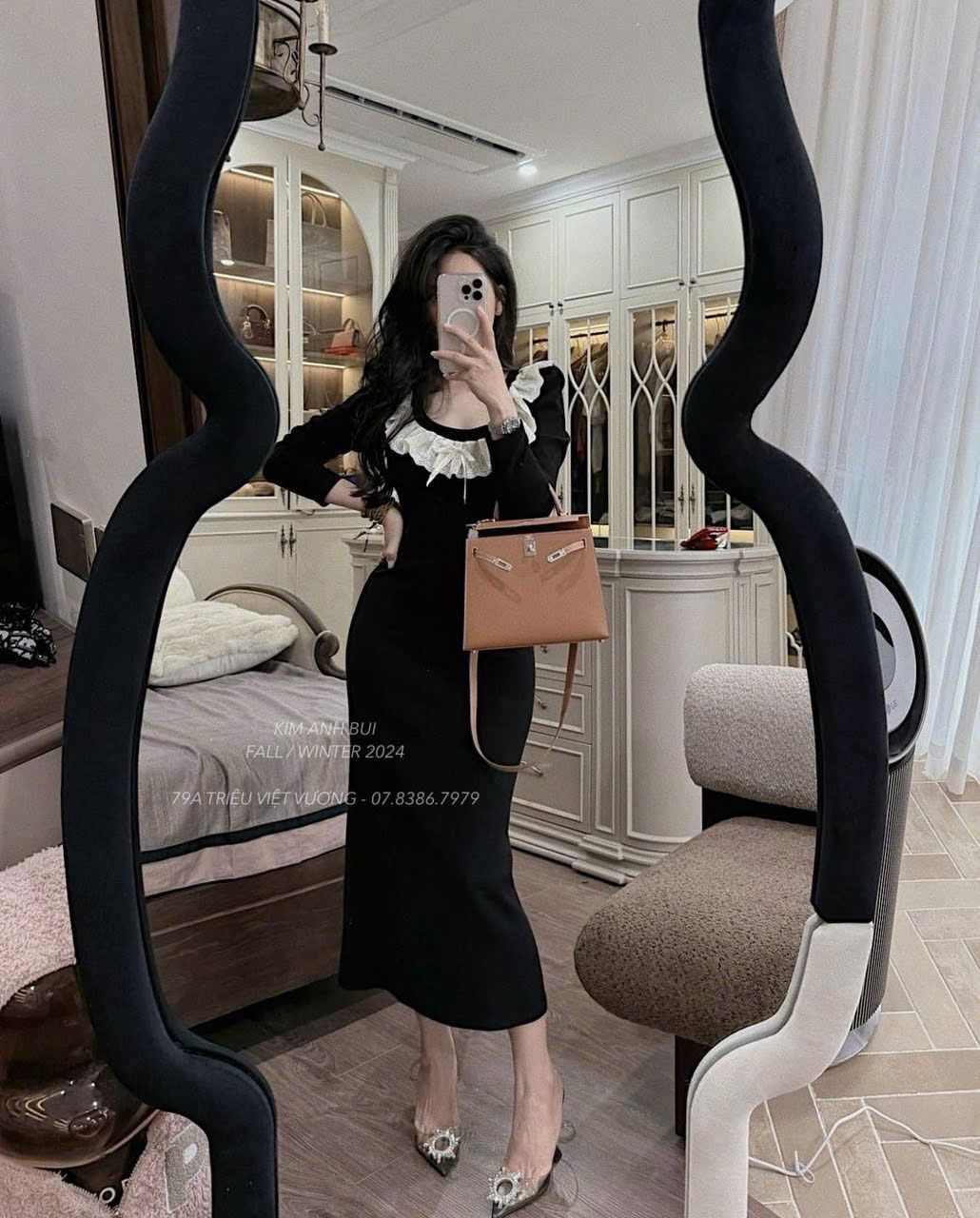 Đầm body len lông thỏ tay dài phối ren đính nơ siêu xinh - P334