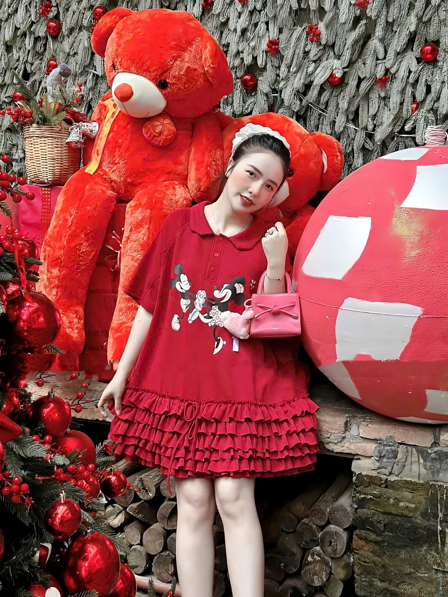 Đầm babydoll họa tiết Mickey phối bèo - ĐỎ - S324