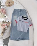 Set áo thun crt viền màu mix chân váy jeans dài - H441 ( S< 68, M <70, L <74)