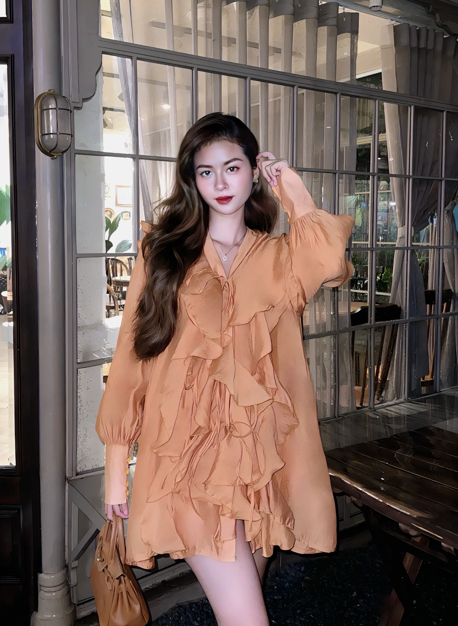 Đầm tơ bèo tay phồng cột dây nơ ( quần lót trong rời ) - CAM - H232