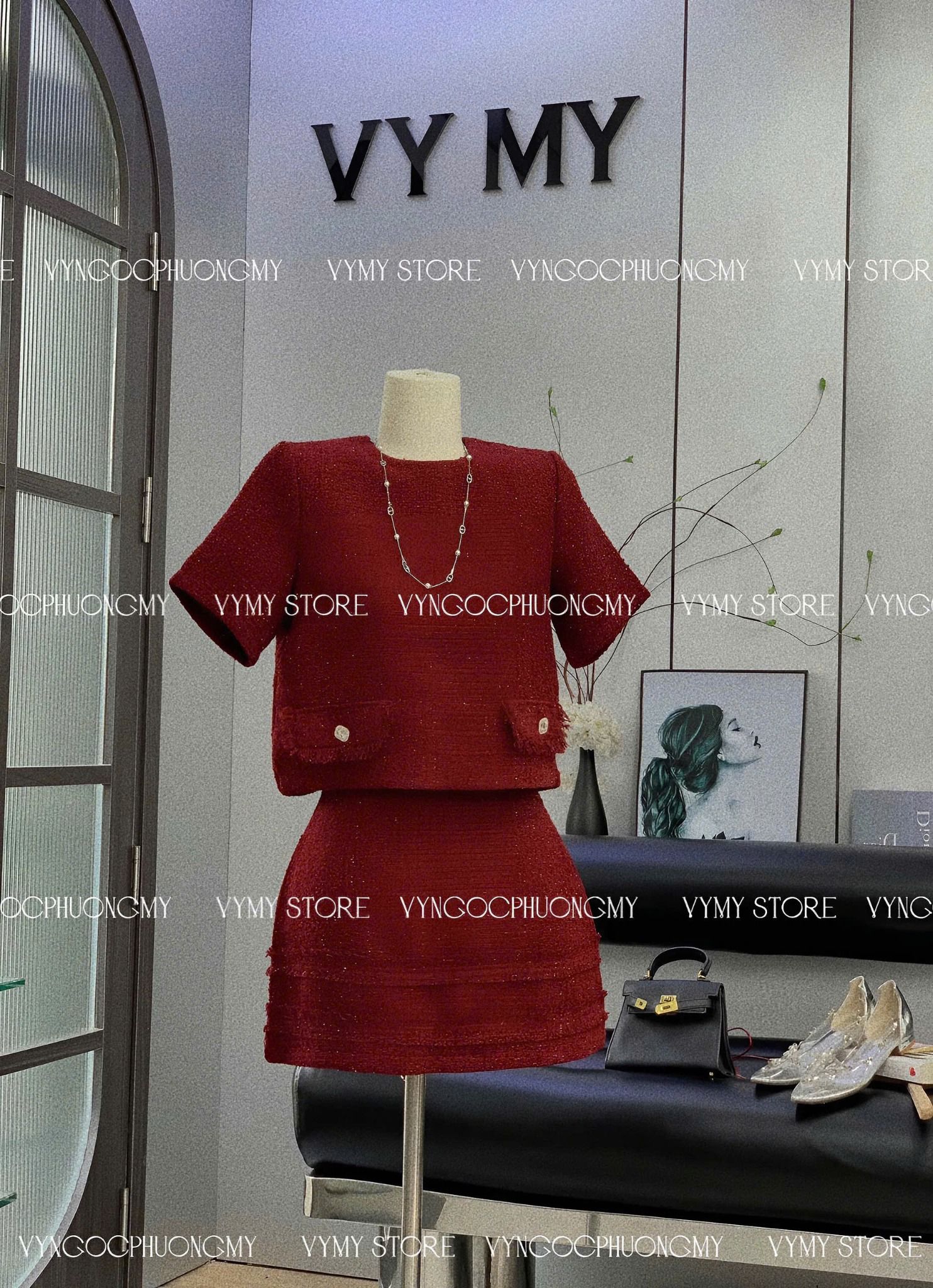 Set áo dạ cộc tay mix chân váy form A - Z59 (EO S<68, M<72)