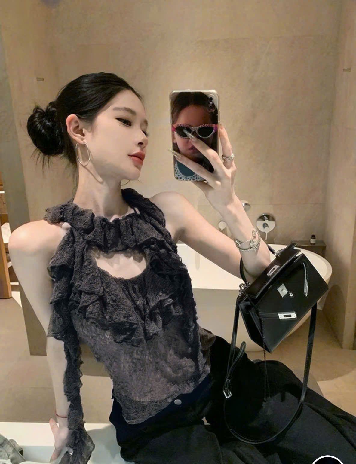 Aó ren mềm cổ buộc dây tua rua hàng thiết kế siêu đẹp - ĐEN - V515