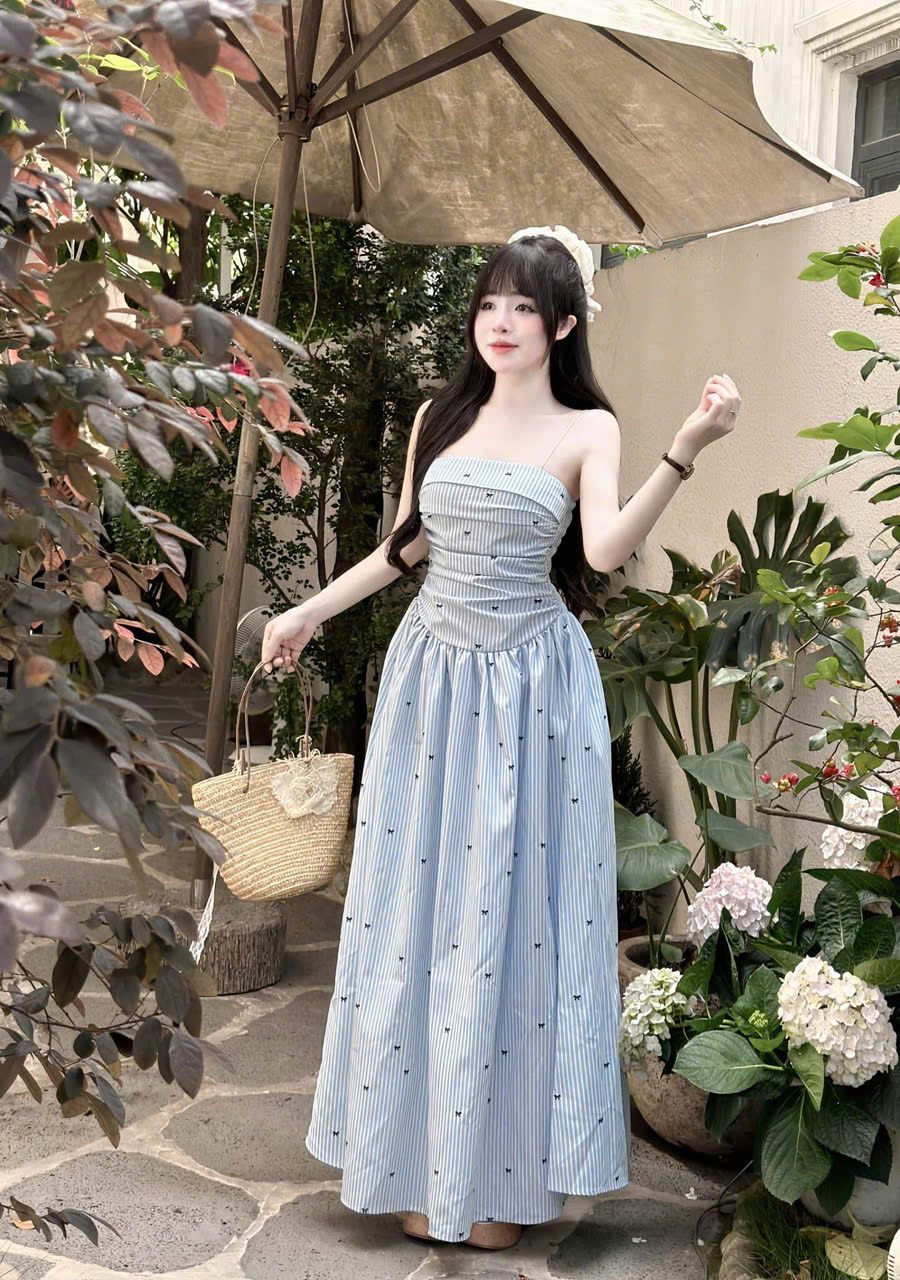 Đầm maxi hai dây cúp ngực nhún sọc nơ nhí siêu xinh - XANH - V504