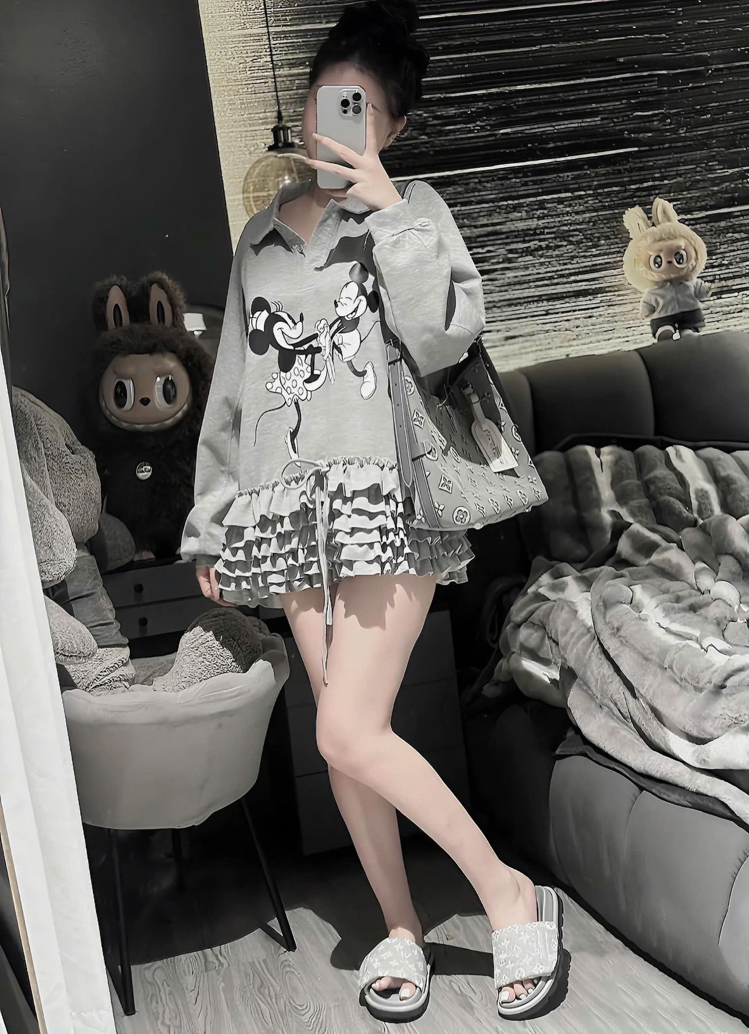 Đầm babydoll họa tiết Mickey phối bèo - XÁM - U555 ( S < 53 kg , M < 58 kg )