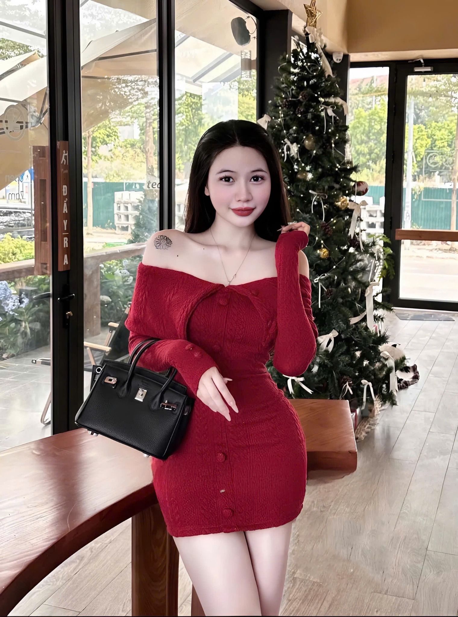 Váy body len trễ vai tay dài khuy bọc siêu xinh - ĐỎ - R07