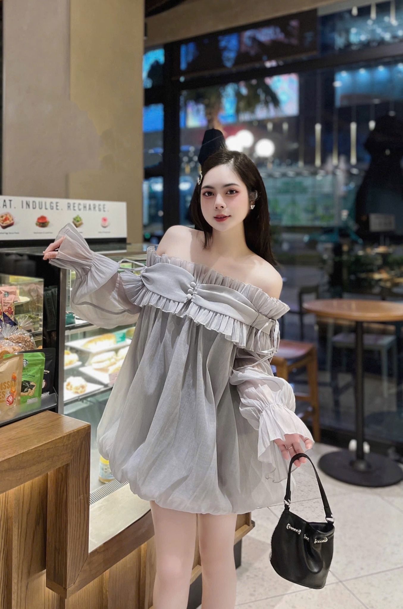 Đầm trễ vai dáng bí viền bèo tiểu thư - XÁM - M173