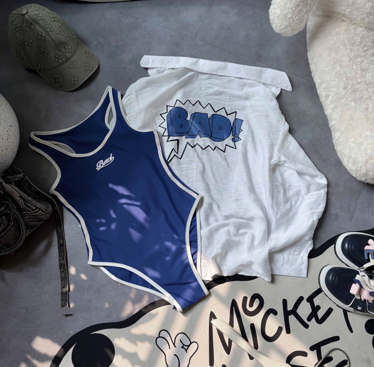 Set bodysuit phối viền mix áo khoác in chữ Bad siêu chất - XANH - M312