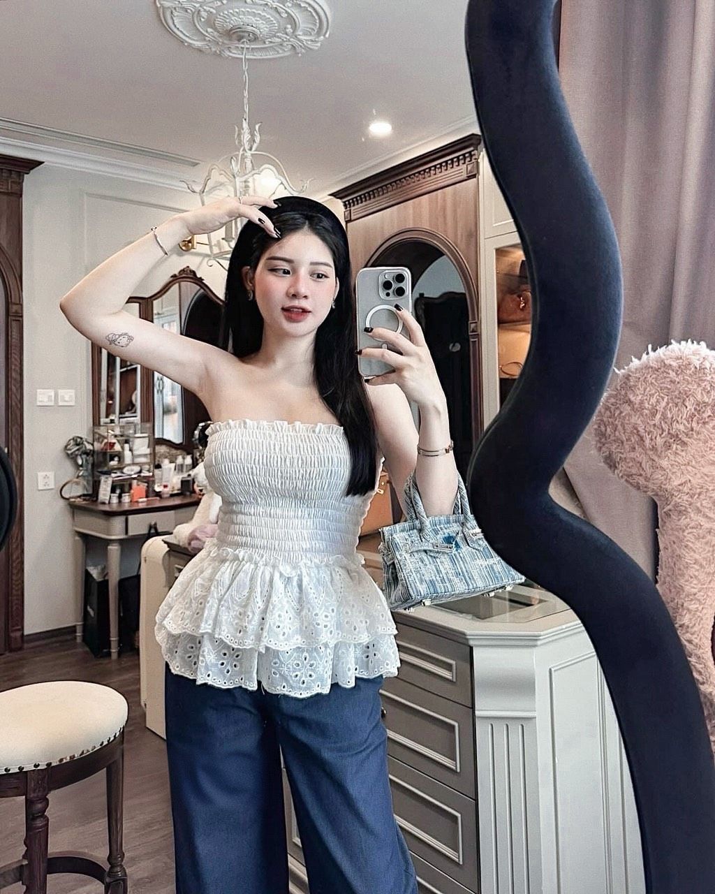 Set quần suông bò áo cup cạp chun phối ren - H439