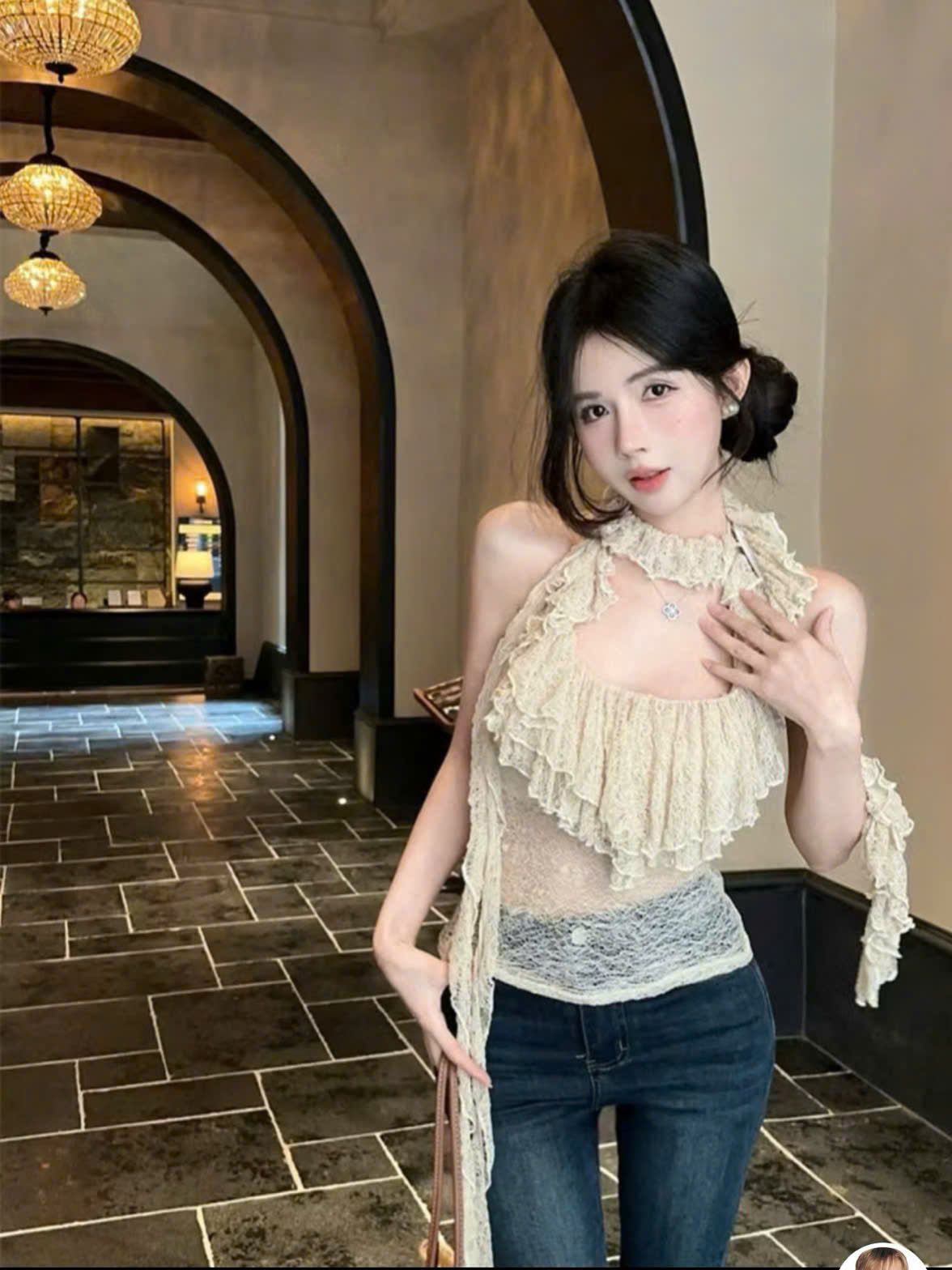 Aó ren mềm cổ buộc dây tua rua hàng thiết kế siêu đẹp - KEM - V514