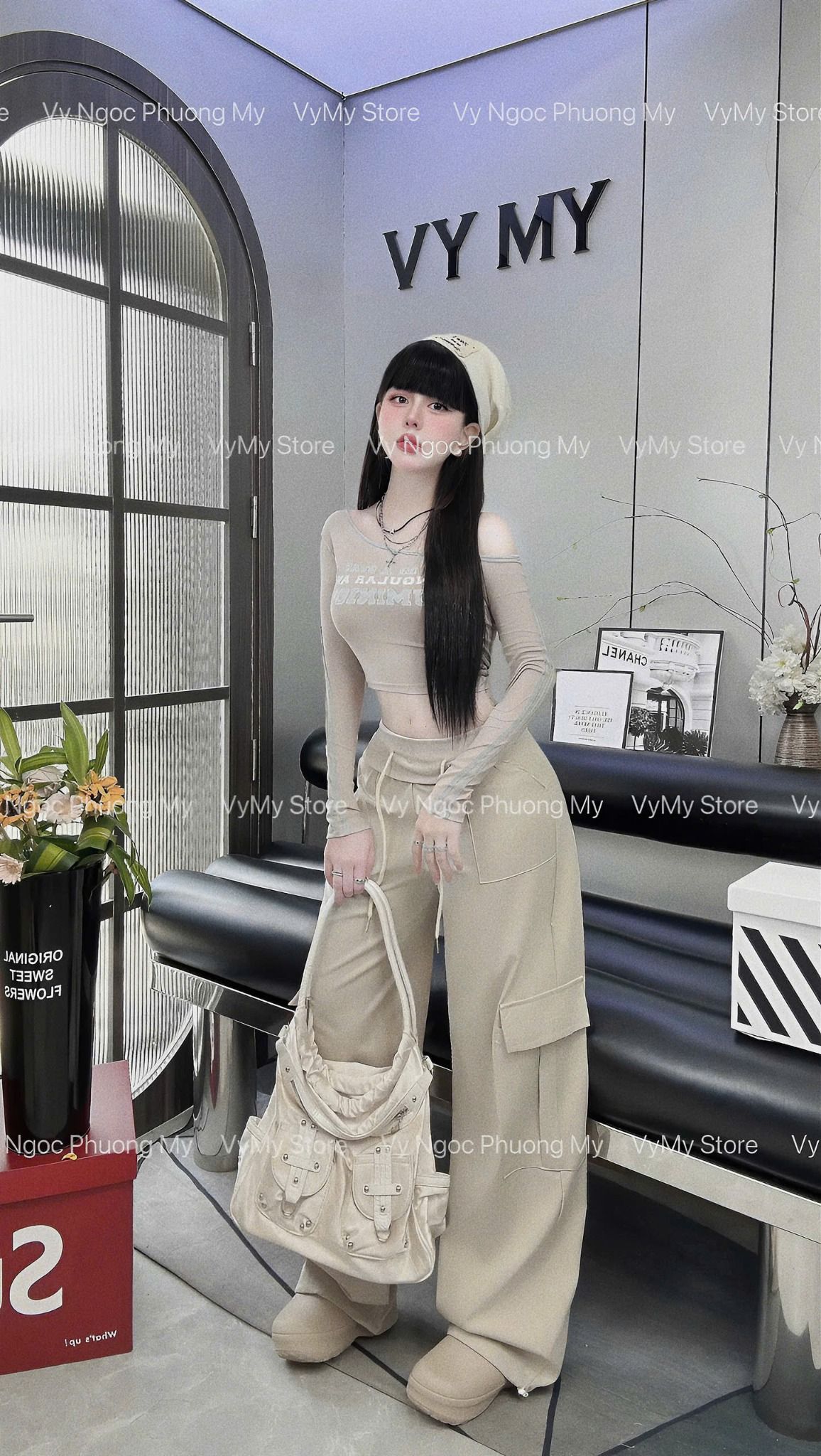 Set áo trễ vai tay dài mix quần suông túi hộp lưng bẻ kiểu - BE - M44