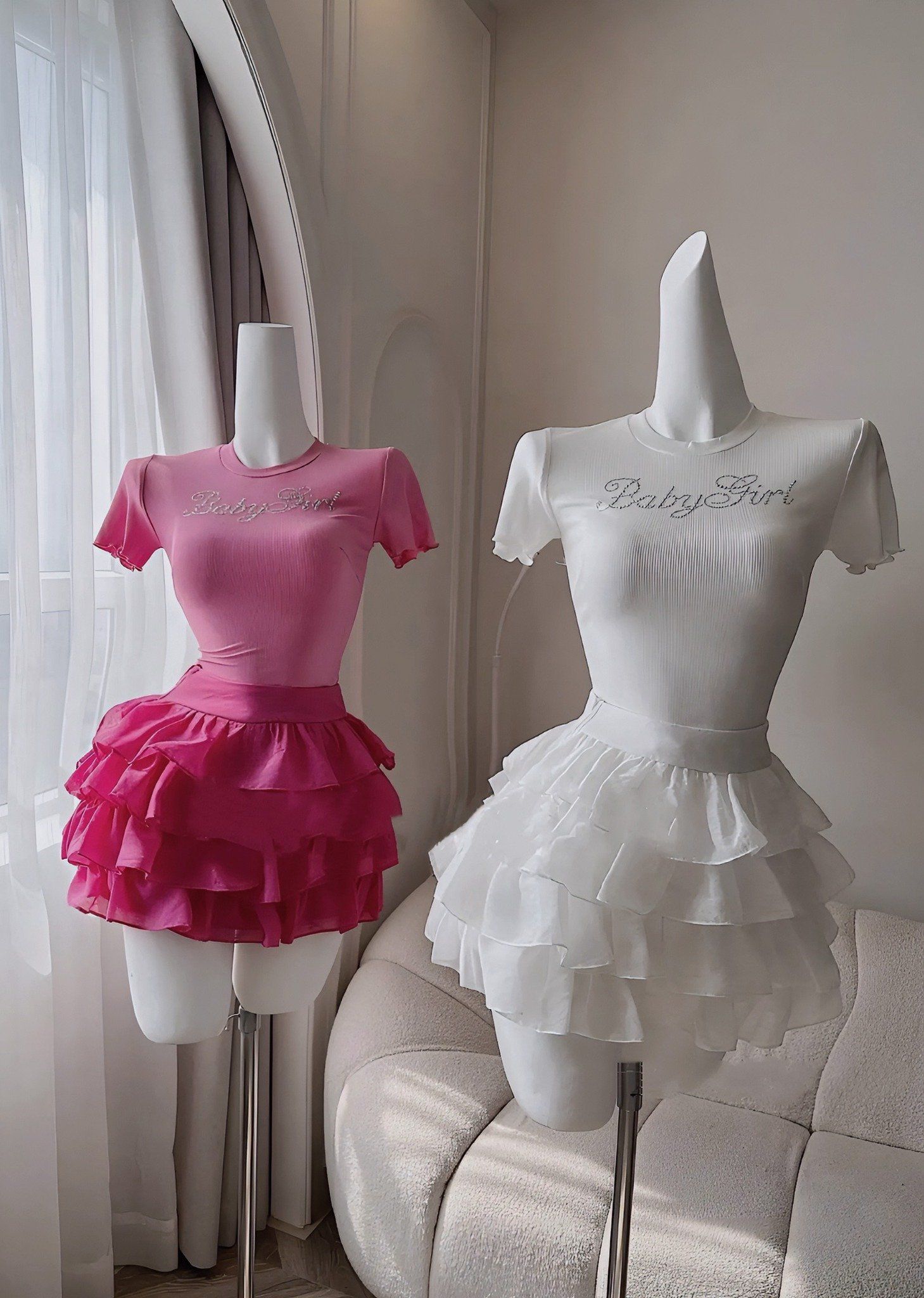 Set áo thun tay cộc đính đá BABY GIRL mix chân váy tầng - HỒNG - G63 ( EO S<68; M<72)