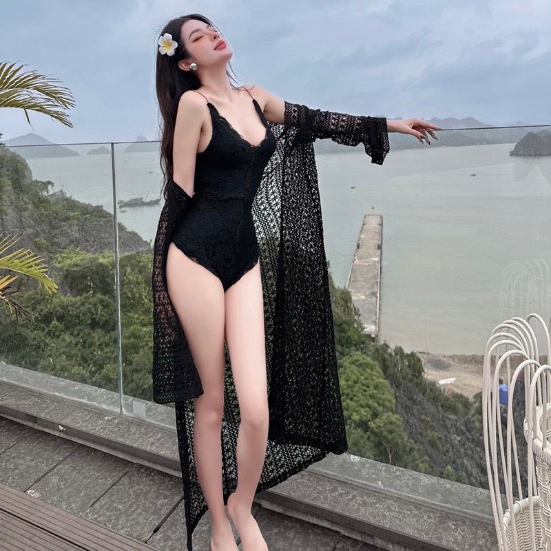 Set 2 món bodysuit ren ĐEN mix kèm áo khoác len form dài ĐEN - G363 ( KHÔNG CÓ MÚT )
