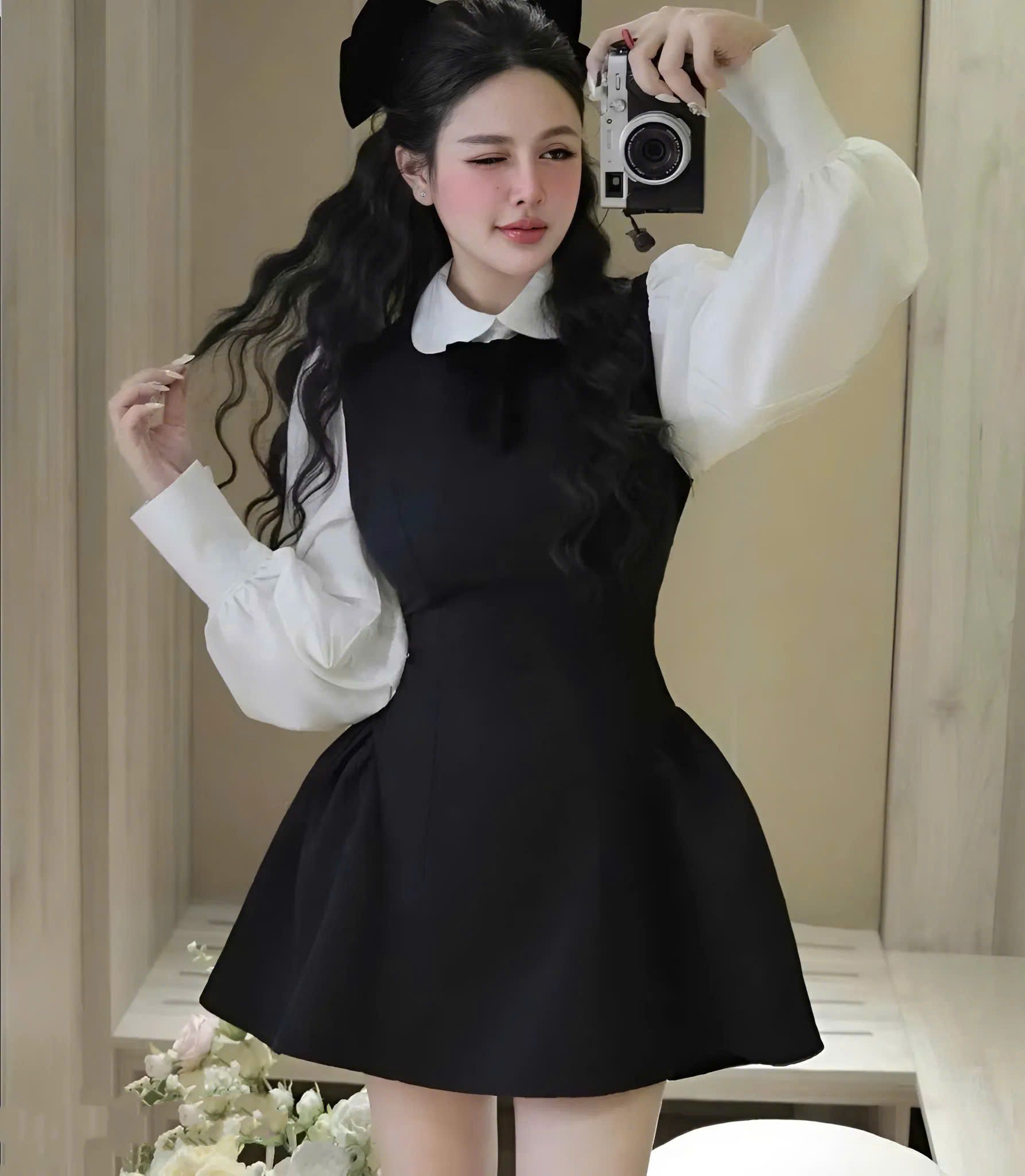 Đầm nữ thiết kế cổ sơ mi cách điệu chiết eo dáng xòe tiểu thư - ĐEN - V28 ( eo S<68, M<72 )