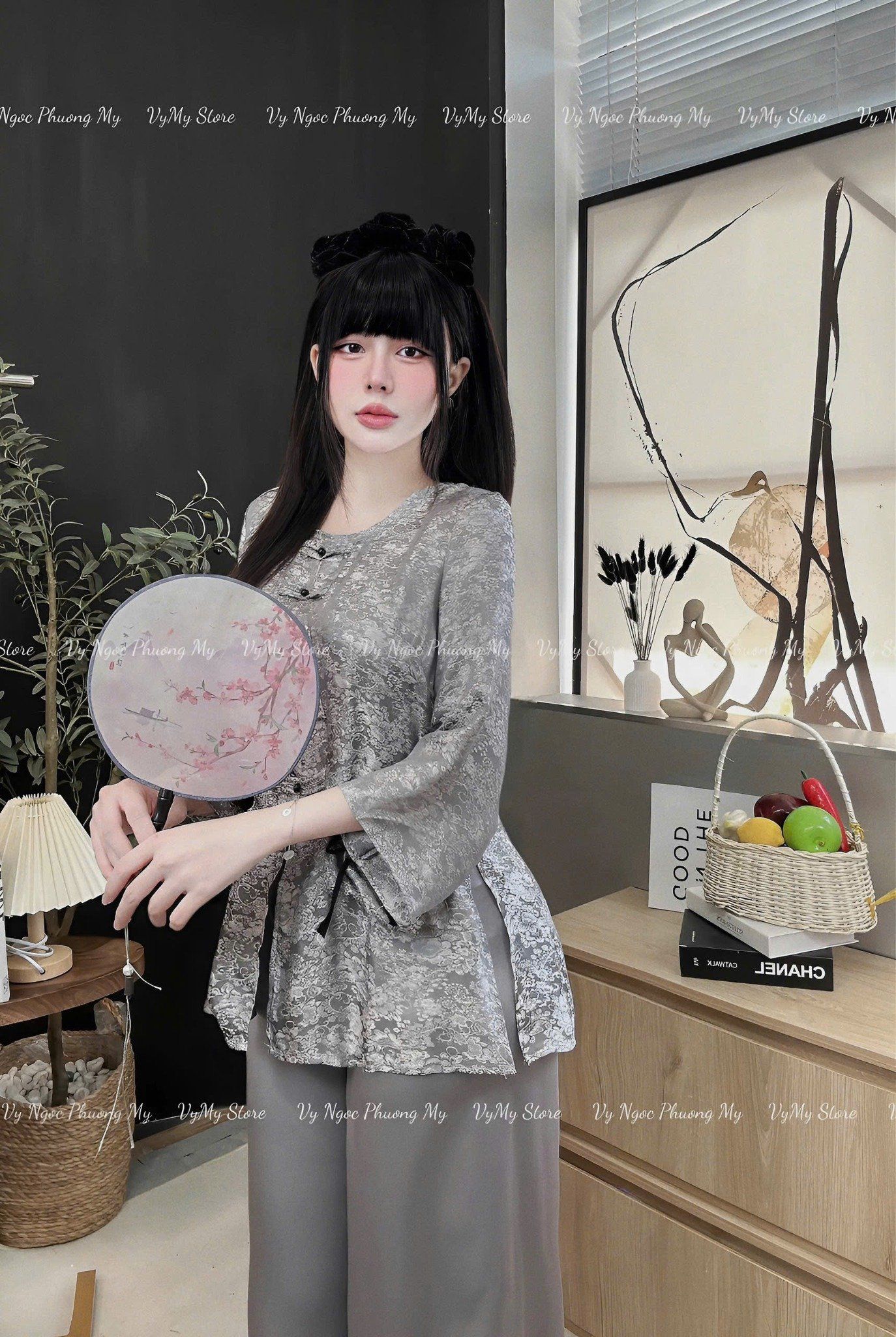Set đồ lam gấm tằm vân hoa mix quần suông - XÁM - M89