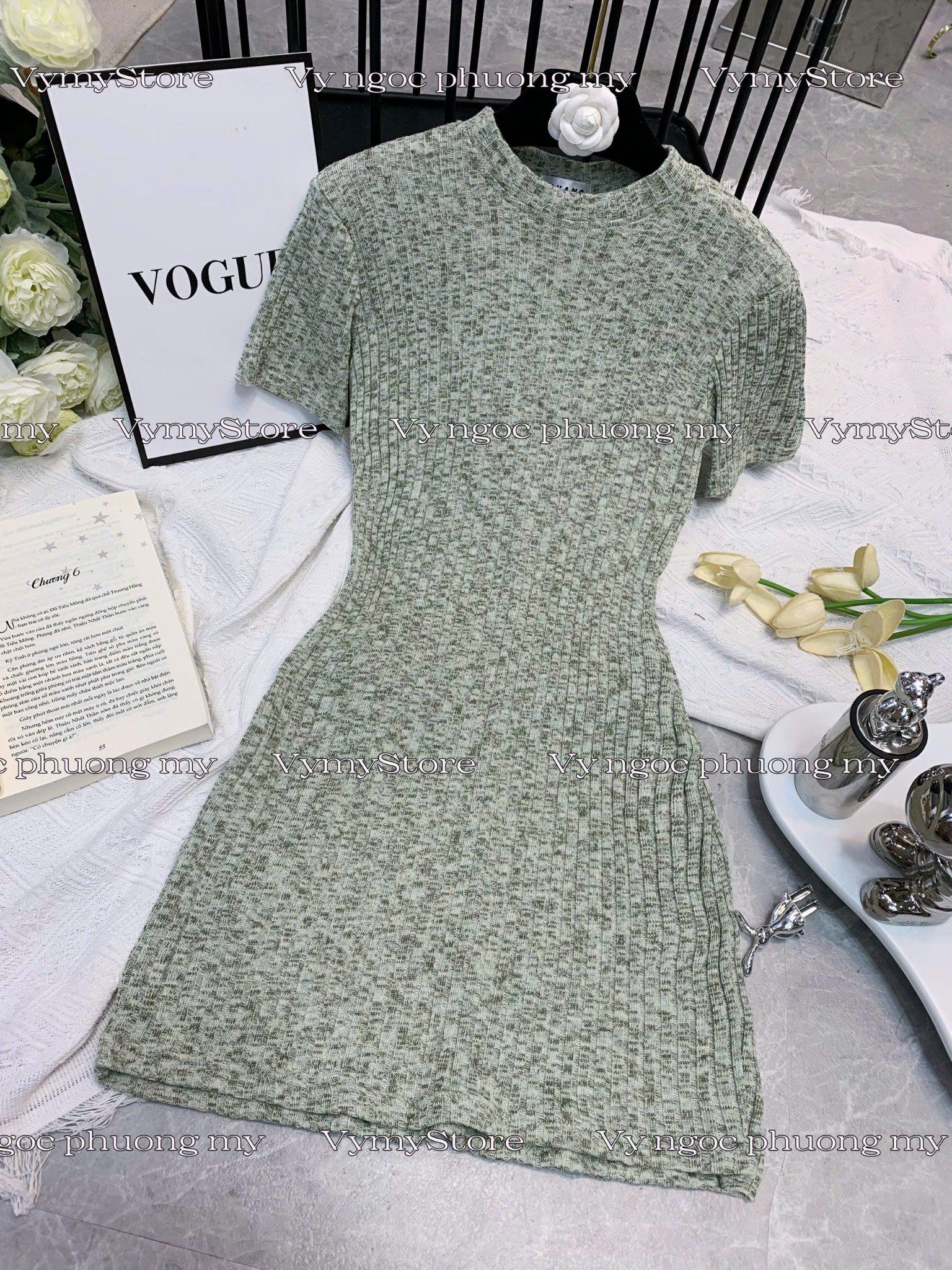 Đầm ôm body chất vải thun len gân - XANH - H60
