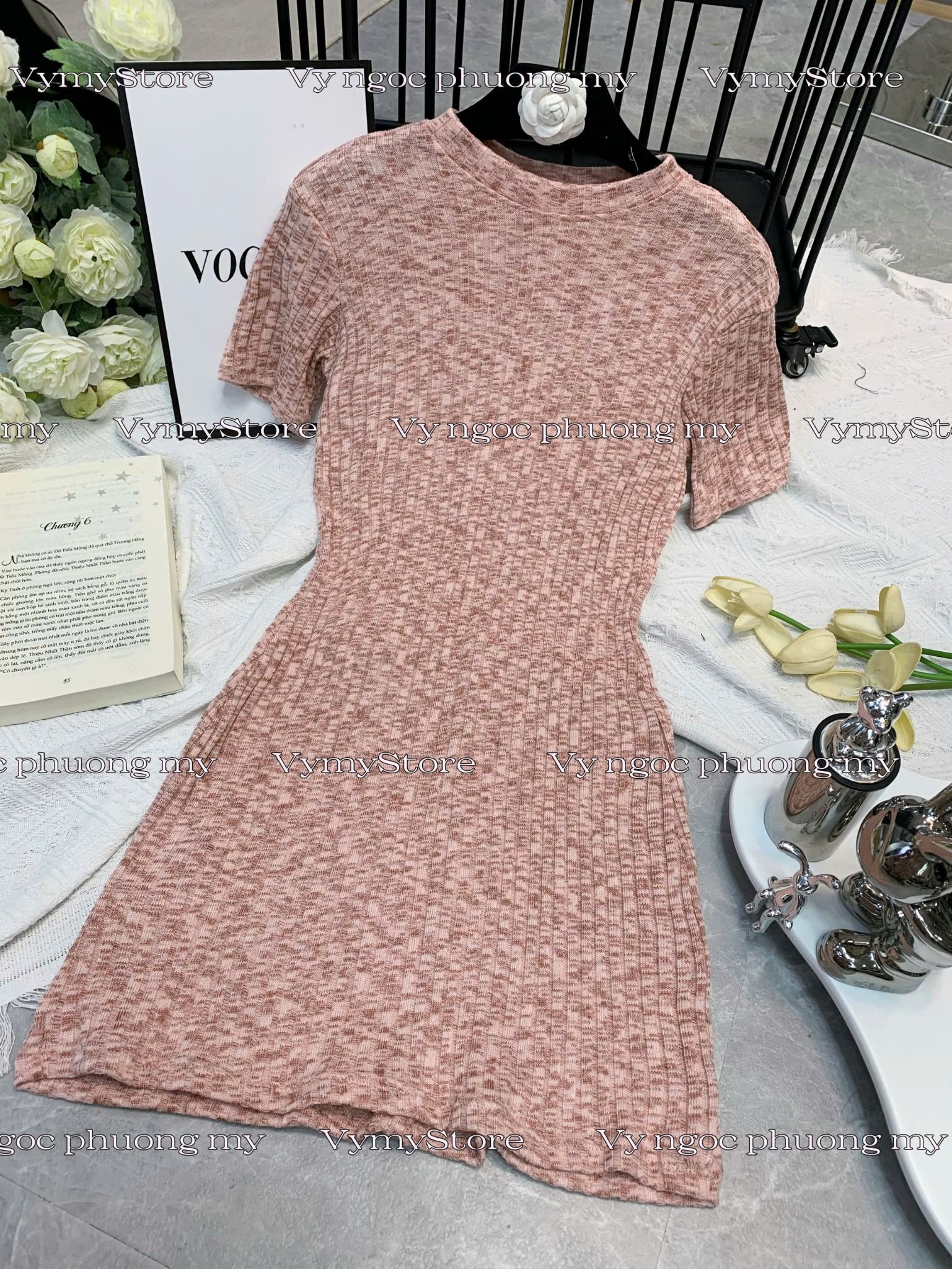 Đầm ôm body chất vải thun len gân - HỒNG - H59