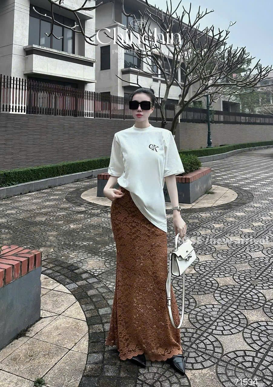 Set áo phông trắng CK mix chân váy ren đuôi cá - TRẮNG - M417 (EO S<68, M<72)
