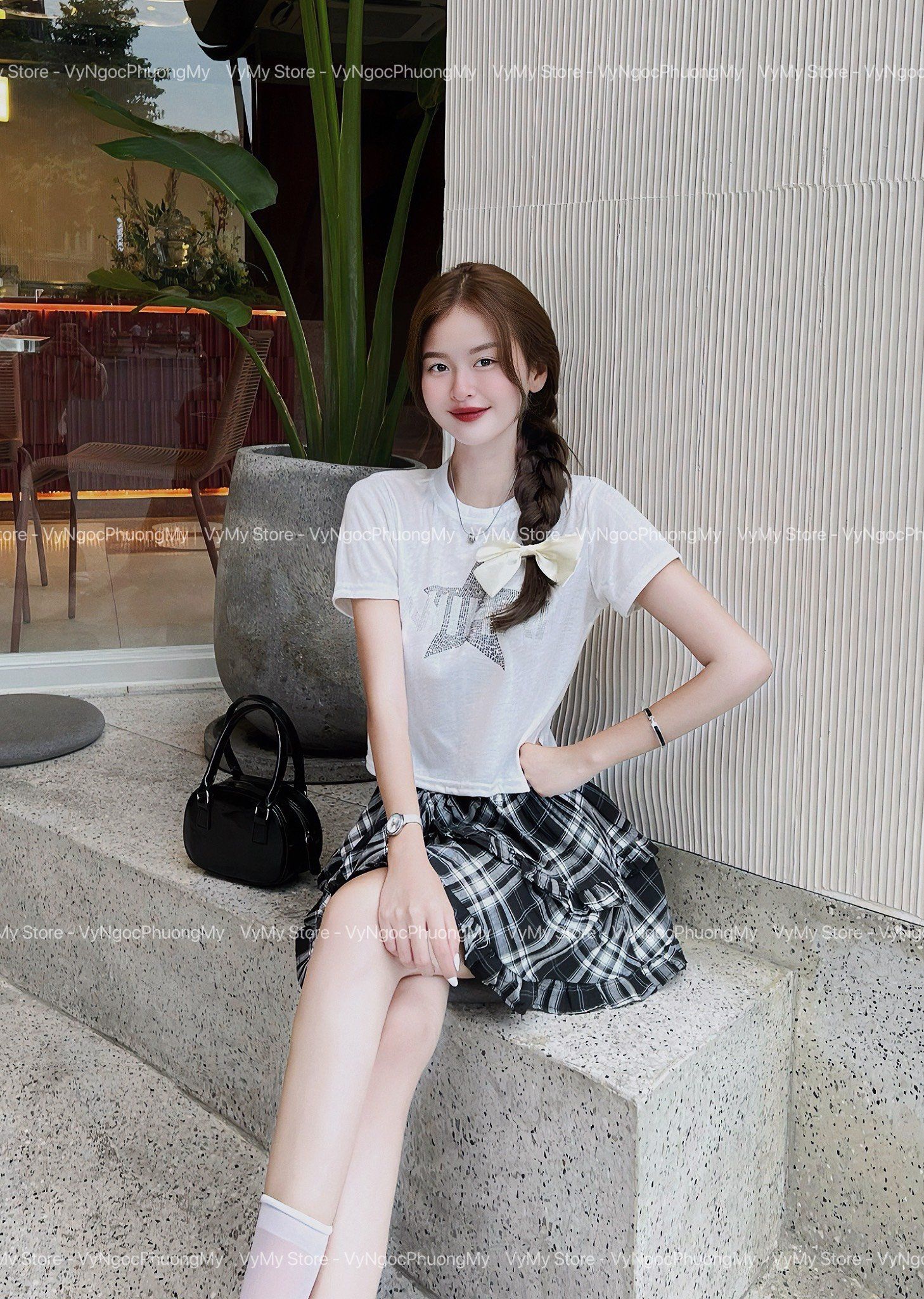 Set áo croptop NIHAI chữ đính đá mix chân váy xòe - TRẮNG - H434