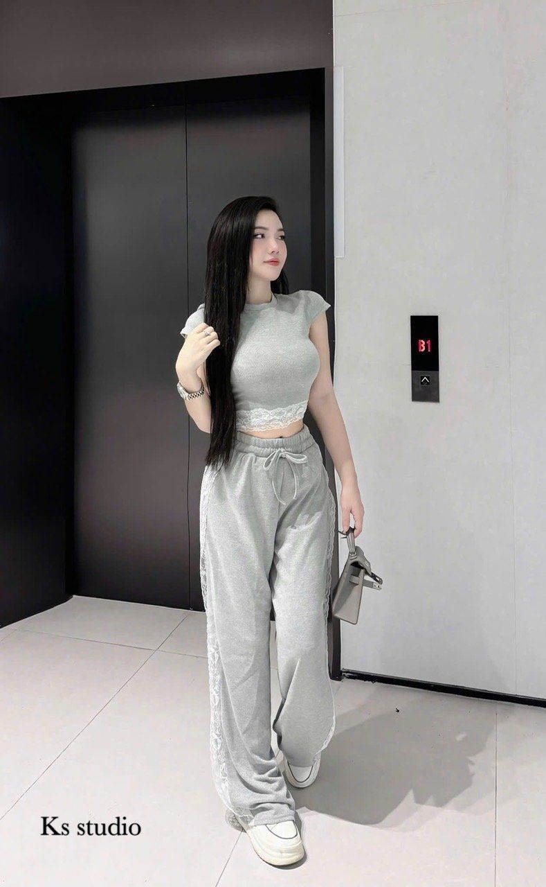 Set áo croptop quần ống rộng phối viền ren - XÁM - P410