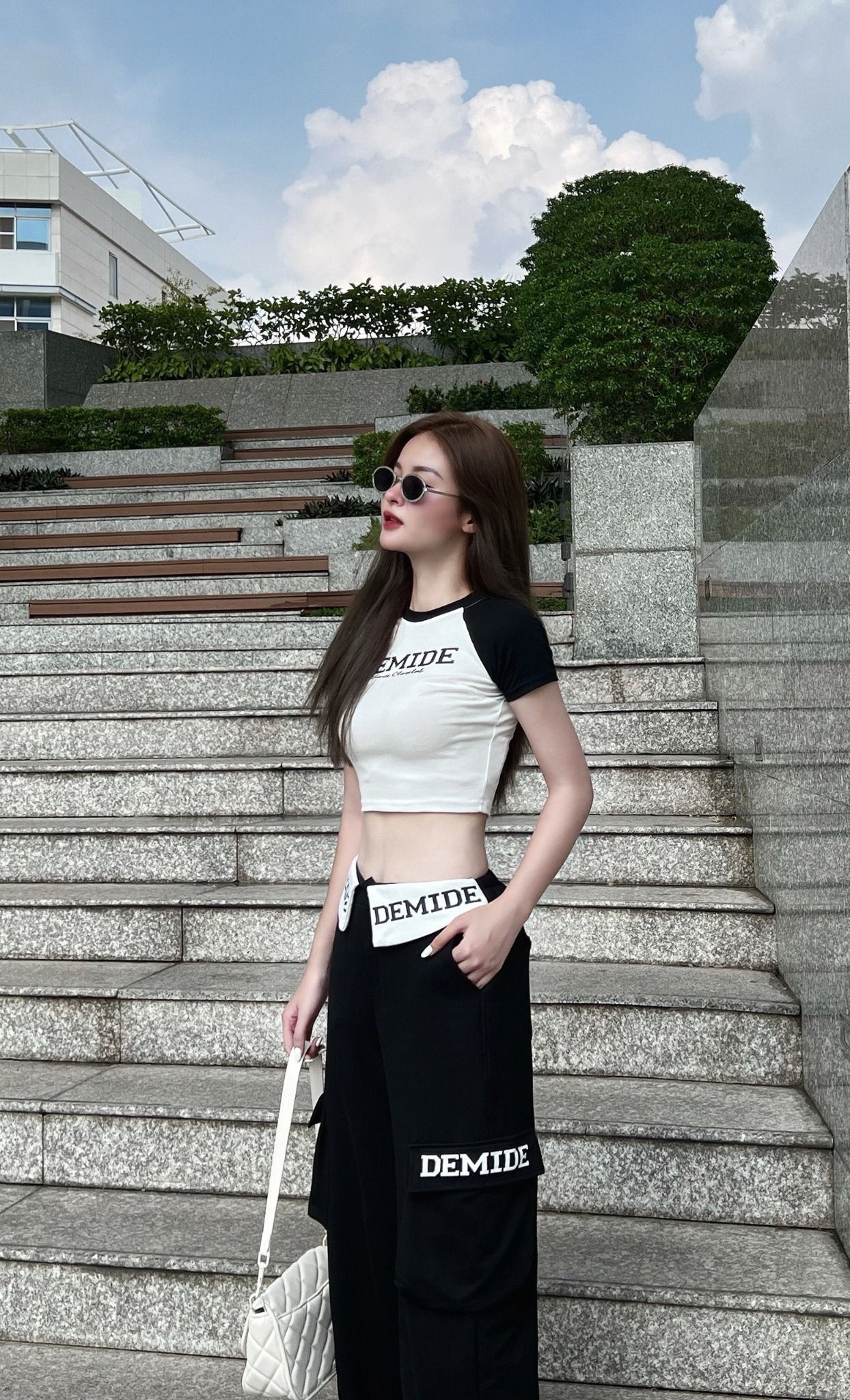 Set áo croptop mix quần lưng thun túi hộp chữ DEMIDE - ĐEN - H338