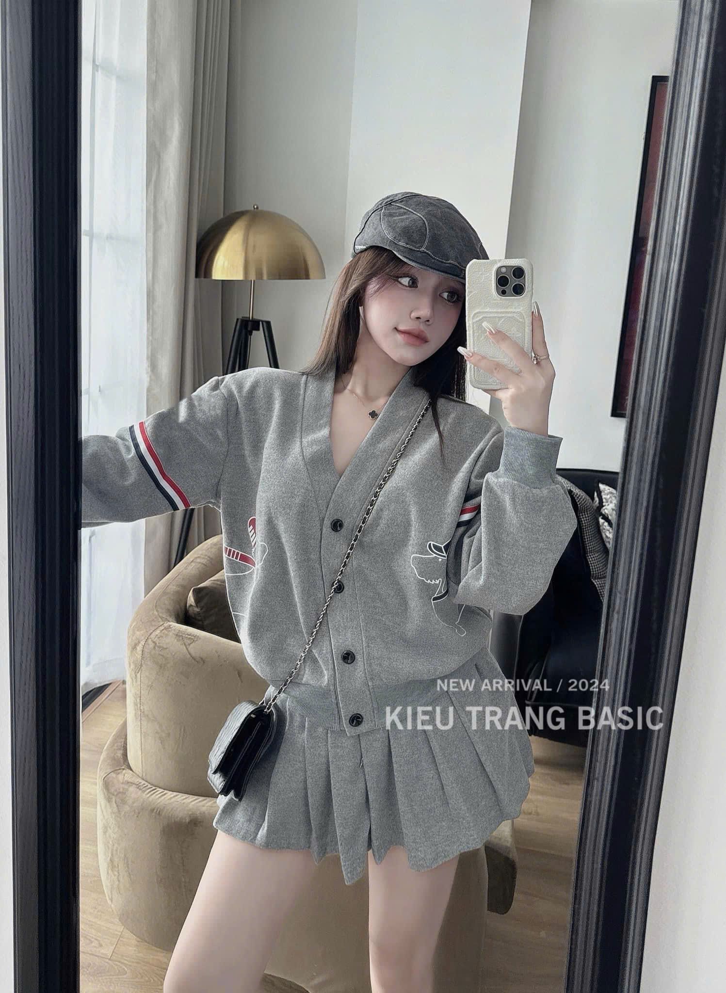 Set áo cardigan Thom cún mix chân váy xếp ly - XÁM - P43