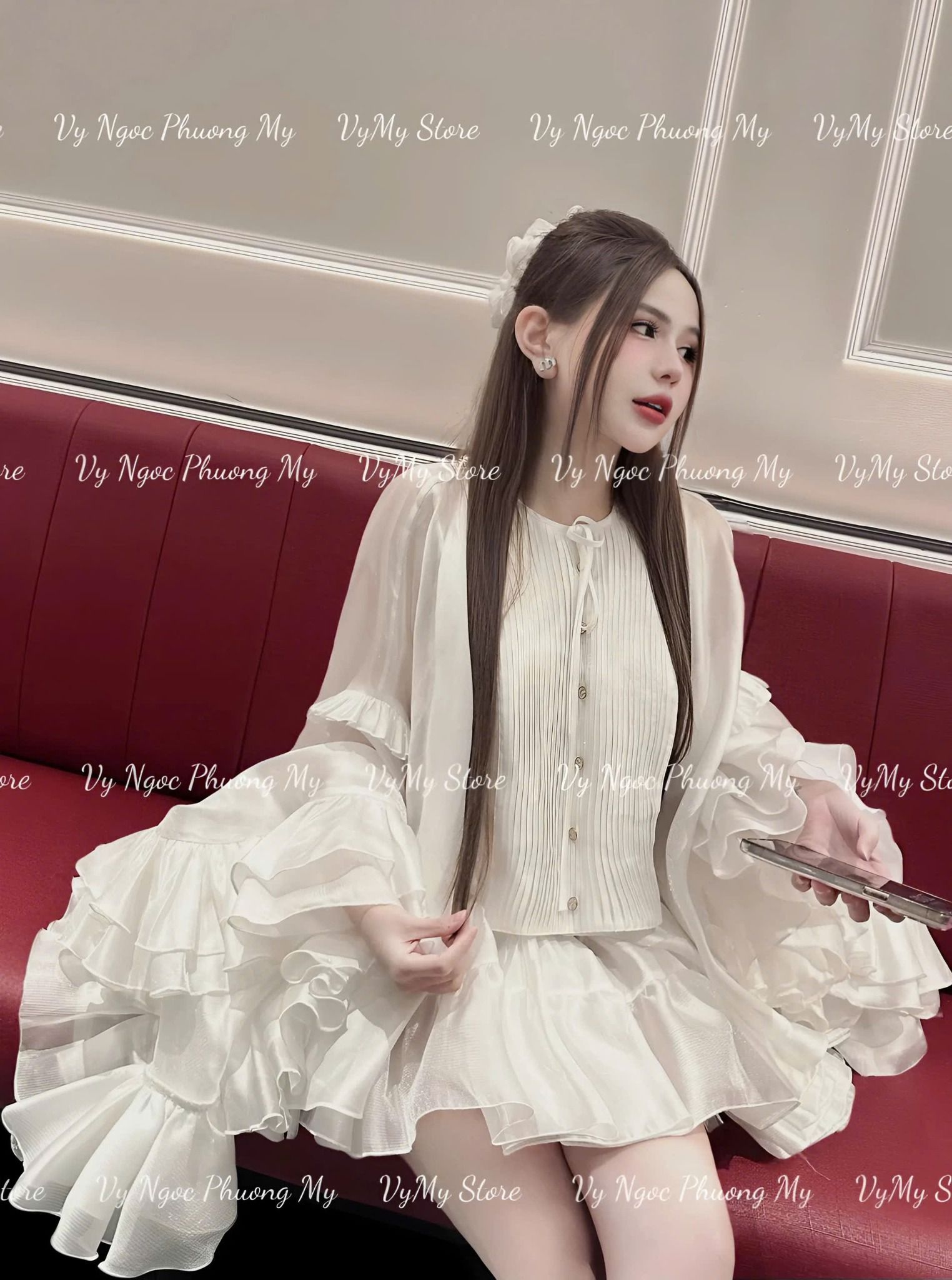 Set 3 món áo tay bồng cúc ngọc cột nơ kèm áo dây trong mix chân váy - V54 (S<66,68, M<70,72,L<74,76)