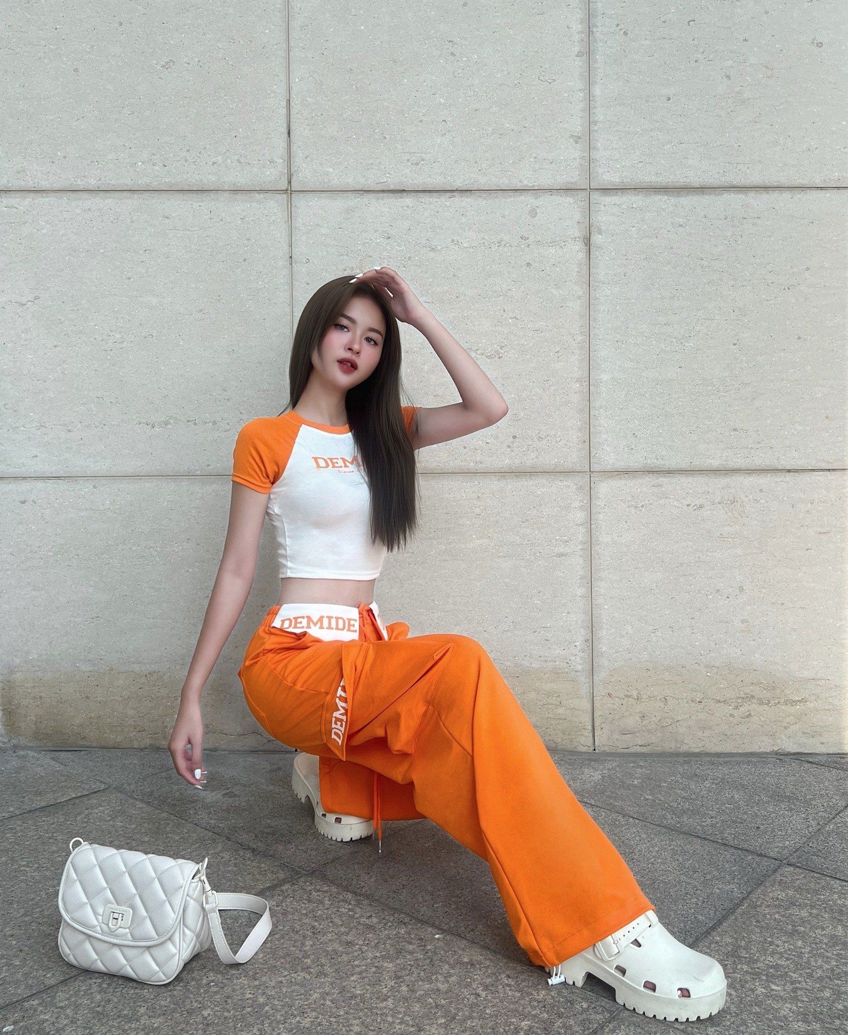 Set áo croptop mix quần lưng thun túi hộp chữ DEMIDE - CAM - H336