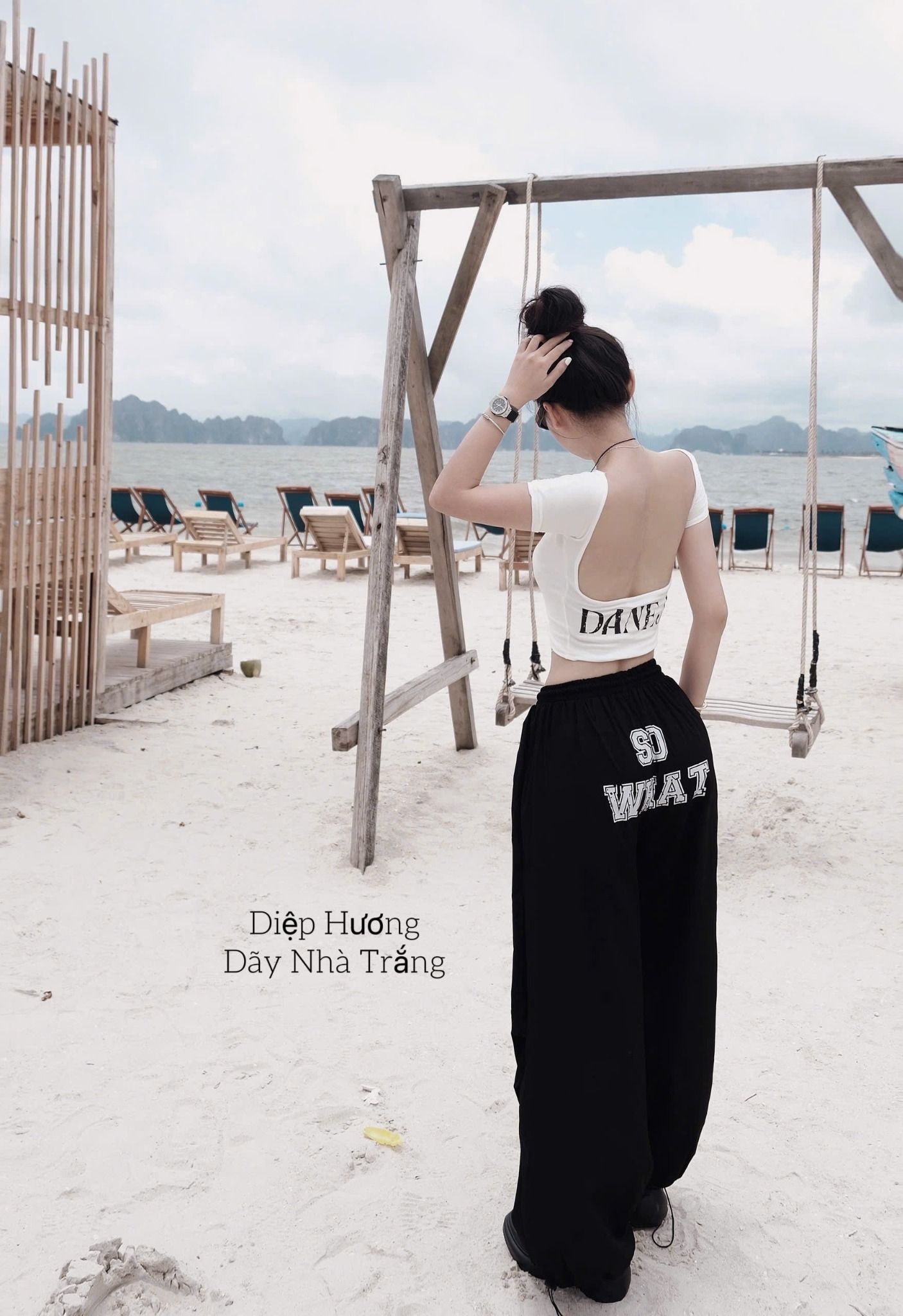 Set áo thun ôm hở lưng mix quần suông rộng siêu bụi - T441
