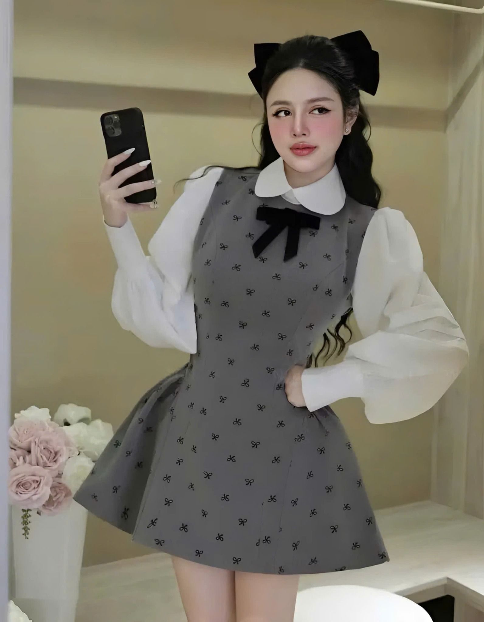 Đầm nữ thiết kế cổ sơ mi cách điệu chiết eo dáng xòe tiểu thư - XÁM - V29 ( eo S<68, M<72 )