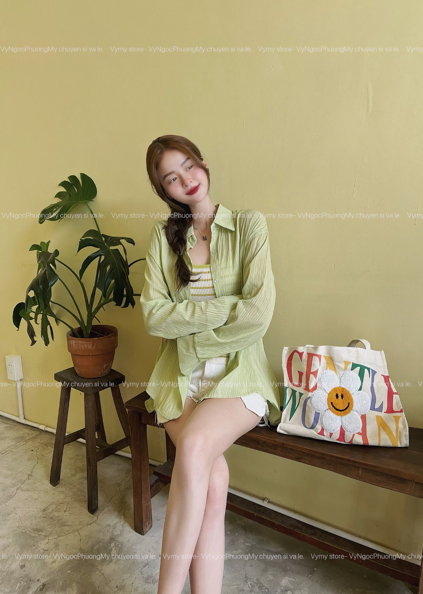 Set 2 món áo hai dây LEN sọc kèm áo sơ mi tay dài - XANH LÁ - G58
