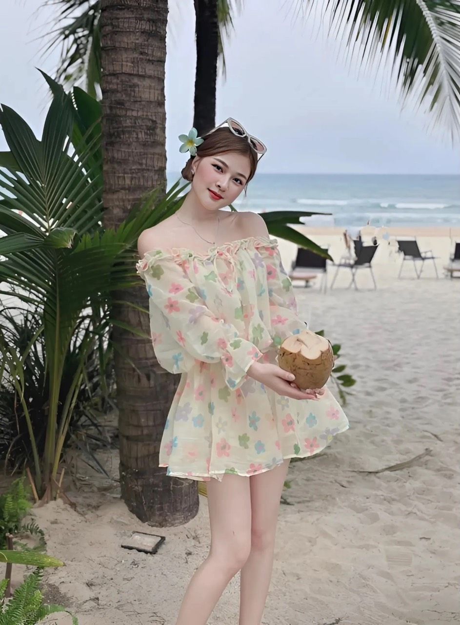 Đầm ngắn bí tơ xước bo chun họa tiết hoa dáng trễ vai - H27 ( kèm quần bí trong )