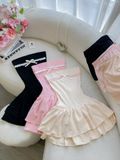 Váy ngắn cúp ngực hai tầng phối ren nơ - ĐEN - H238