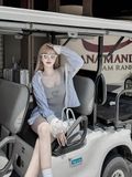 Set jumpsuit ngắn kèm áo sơ mi tay dài kẻ sọc xanh - H273
