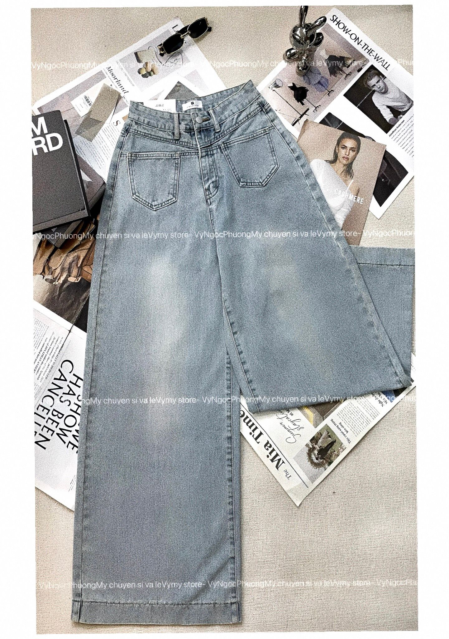 Quần Jean ống rộng phối túi 2 mặt - H240 (eo S<65, M<68, L<72)