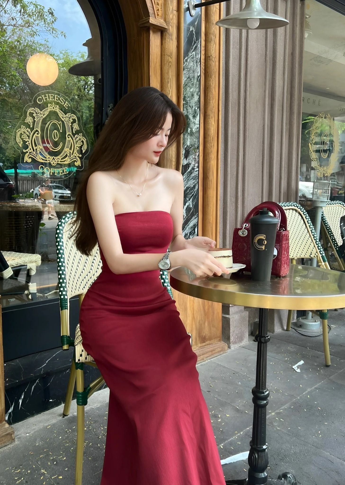 Đầm cup xòe dáng dài kèm bảng trễ vai tháo rời - ĐỎ - H155 (eo S<66, M<70, L<74)