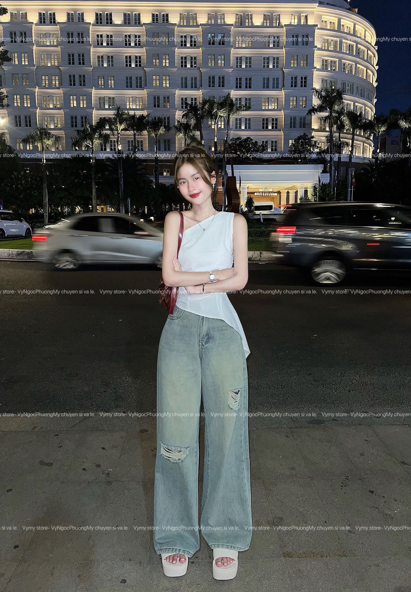 Set áo kiểu chéo vai mix quần jeans rách nhẹ - TRẮNG - G35 (S <66, M <70)