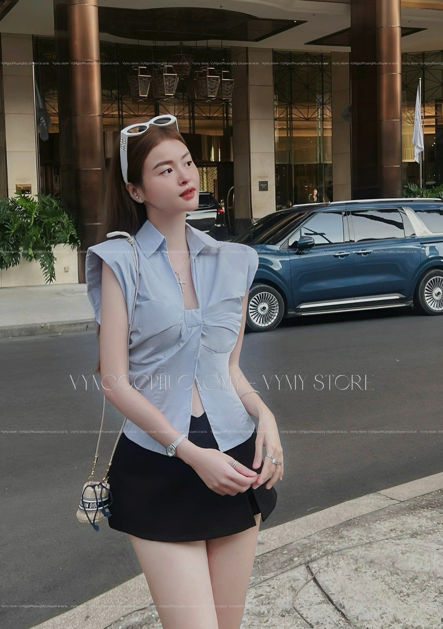 Set áo sơ mi xoắn nơ mix chân váy ngắn kiểu Hàn Quốc - XANH - G159 ( EO S<70,M<74)