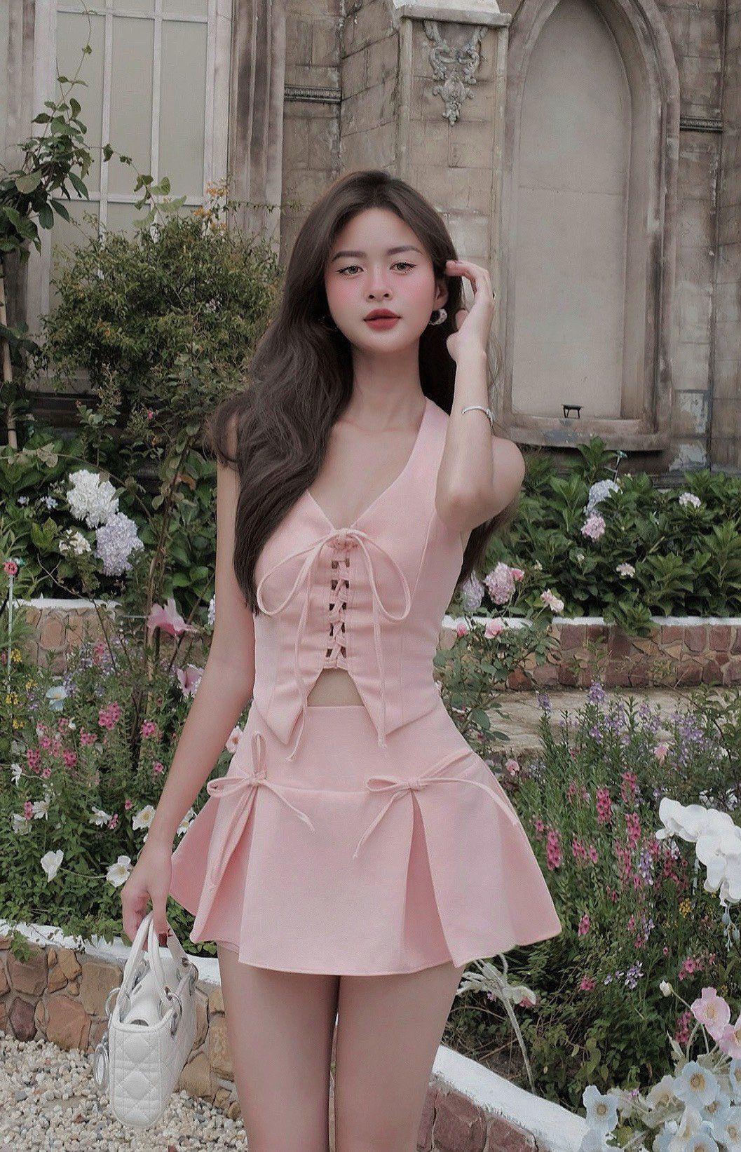Set áo yếm đan ngực mix chân váy xoè đính nơ - HỒNG - B24 (eo dưới 66 mang xinh)