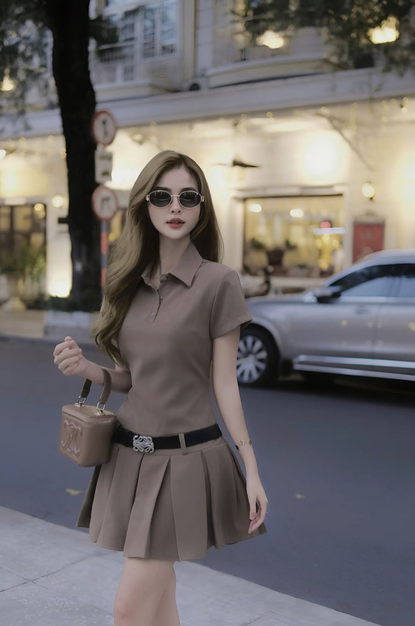 Đầm sơ mi cổ bẻ tùng váy xếp ly kèm belt love - NÂU - B37 ( EO S<68-70, M<72-74)