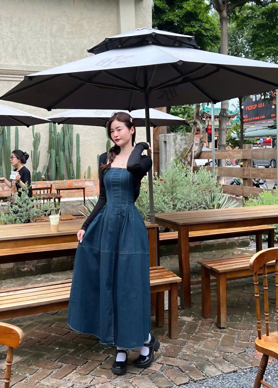 Đầm jeans hai dây dáng dài kèm khoác mỏng - XANH ĐẬM - U93