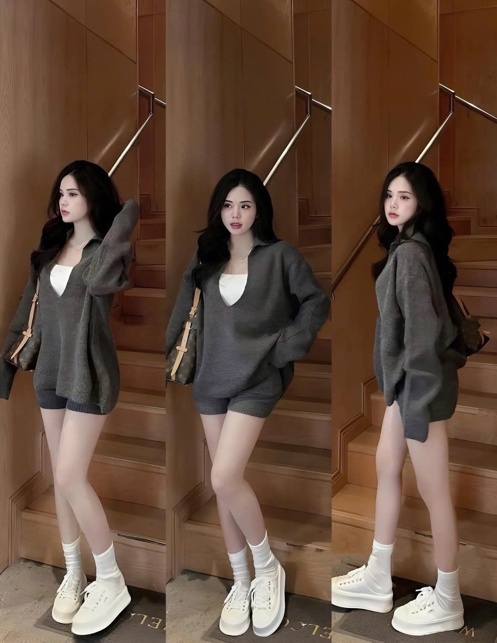 Set áo len form rộng cổ khoét mix quần short đùi NEW - XÁM ĐẬM - P27
