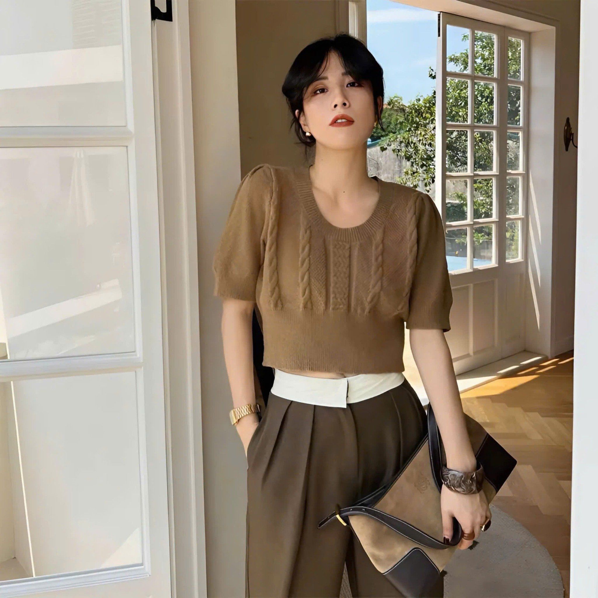 Áo len dệt kim form croptop QC - NÂU - P56