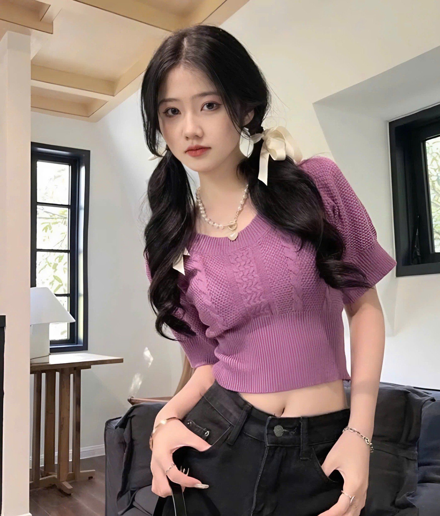Áo len dệt kim form croptop QC - TÍM - P57