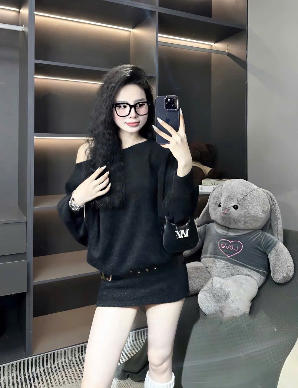Váy trễ vai len lông kèm đai hàng QC xịn xò - ĐEN - P58