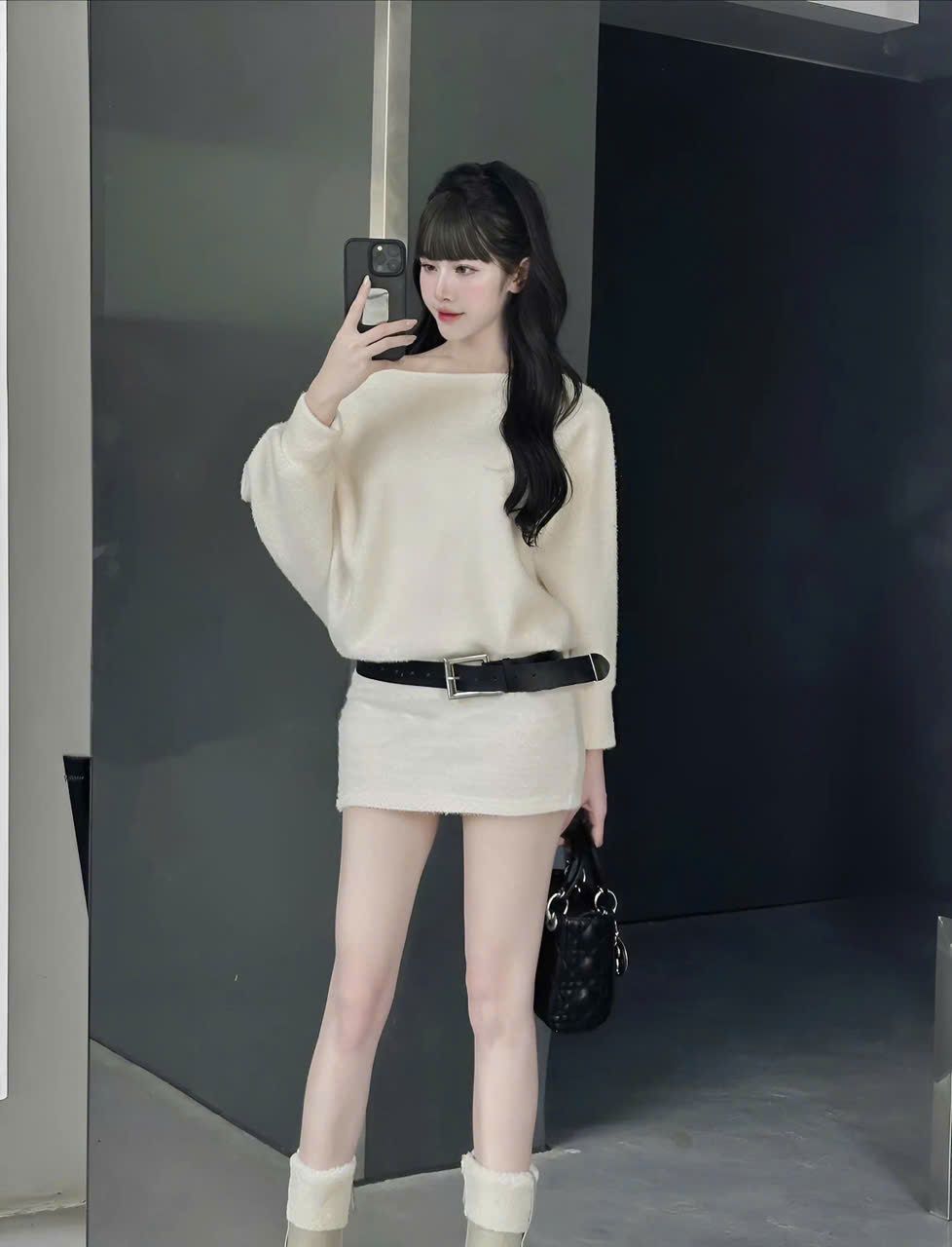Váy trễ vai len lông kèm đai hàng QC xịn xò - TRẮNG KEM - P59