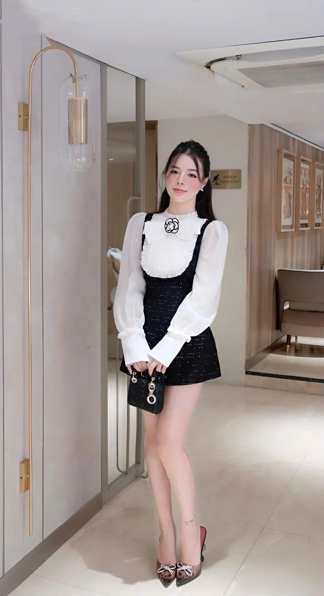 Jum dạ kim sa phối áo sơ mi bèo xếp li kèm tag nơ - P164 (EO S<66, M<70)