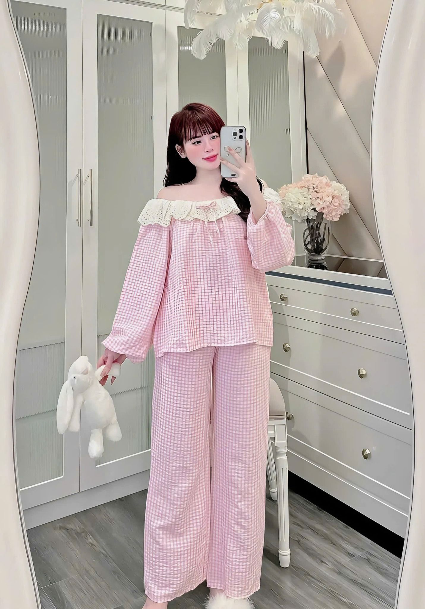 Set đồ pijama kẻ phối ren bèo thắt nơ tiểu thư - HỒNG - P167